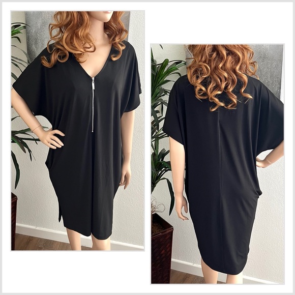 Duette NYC Black Stretchy Zip Front V-Neck Dress with Dolman Sleeves - Picture 1 of 9